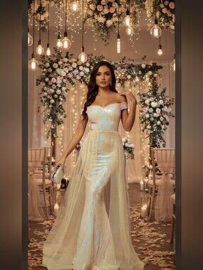 Multicolor off the shoulder Contrast Mesh and Sequined Mermaid Maxi Gown